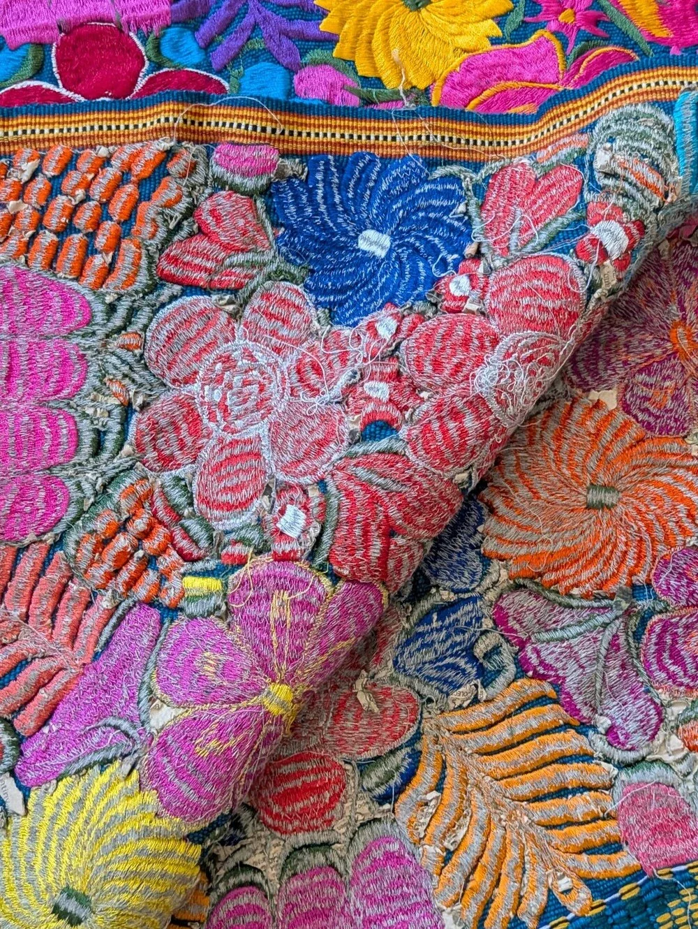 Guatamalen Huipil Floral Embroidered Table Runner Colorful Eclectic Decor Boho